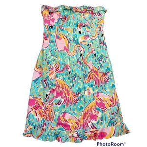 Lilly Pulitzer Peel & Eat Franco Dress 00 Blue Pink Strapless Flamingo Tie Back